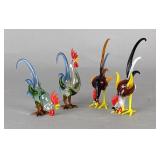 4 Hand-Blown Glass Rooster Figurines