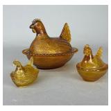 3 Amber Glass Hen on Nest Covered Dishes