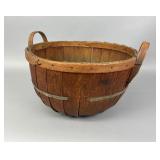 Wood Basket with Metal Bands and Two Handles