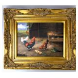 Original Oil Painting of Chickens in Barnyard