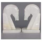 Carved White Onyx Horse Head Bookends