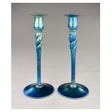 Steuben Blue Aurene #686 Twist Candlesticks 12'