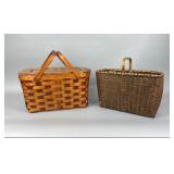 2 Woven Baskets with Handles, One with Lid