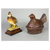 Japanese Bird Figurine & Wood Hen on Nest Dish