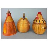 3 Figural Chicken Woven Baskets with Lids