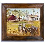 Autumnal Rural Farm Scene Oil Painting Oak Frame