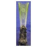 Vintage etched art glass vase in metal base