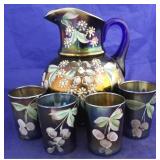 Handpainted carnival glass 5 piece water set