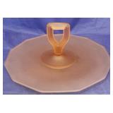 Pink satin depression glass center handle plate