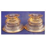 Pair pink Madrid Depression glass candleholders