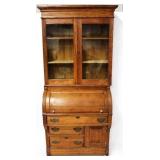 Victorian Oak Cylinder Roll Bookcase Top Desk