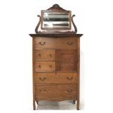 Tall oak bonnet chest with mirror & door