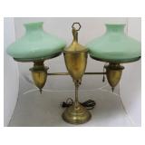 Vintage brass double student lamp w/ green shades