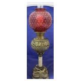 Brass & marble banquet lamp w/ ruby shade