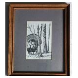 Framed Pen & Ink print signed by J. Mesick