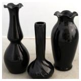 3 Black glass vases