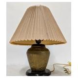 Etched Brass & Wood Table Lamp w/ Pleated Shade