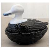 Black & milk glass duck on nest