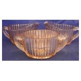 3 Pink Depression glass creamers & sugar