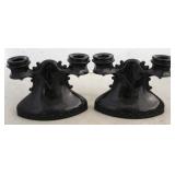 Pair L E Smith black glass 2 lite candle holders