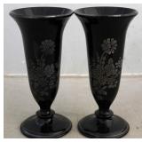 Pair Paden City etched black glass vases