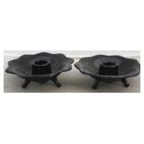 Pair black glass candleholders