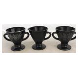 3 Black glass creamer & sugars