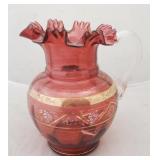 Cranberry Glass Pitcher - enamel painted