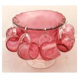 7 pc Cranberry Glass Bowl w/ 6 Cups & Hangers