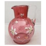 Enamel Painted Cranberry Art Glass Pitcher