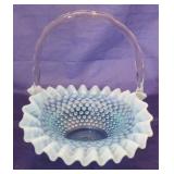 Fenton opalescent blue Hobnail basket