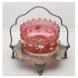 Cranberry Glass Bowl w/ Silver Plated Carrier