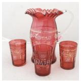 Cranberry enamel painted pitcher & 3 tumblers