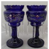 Pair Cobalt Painted Glass Mantle Lustres