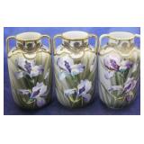 3 Nippon hand painted handled vases