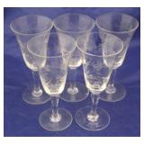 Vintage Set of 5 Etched Stemmed Glasses