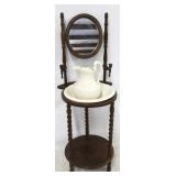 Carved tilt mirror stand with washbowl & pitcher