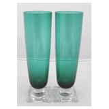 Pair Vintage Green Glass Pilsner Stems