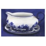 Blue & white gravy boat with underplate