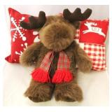 Pair Christmas pillows & stuffed moose
