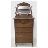 Original finish oak high chest w/ carved mirror