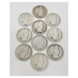 Lot of 10 Assorted Dates Barber Half Dollars