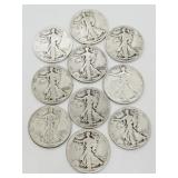 Lot of 10 Asst Dates Walking Liberty Half Dollars