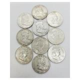 Lot of 10 Assorted Dates Franklin Half Dollars