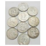 Lot of 10 Assorted Dates Franklin Half Dollars