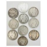 Lot of 10 Assorted Dates Barber Half Dollars