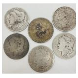 Lot of 6 Assorted Dates Morgan Silver Dollars