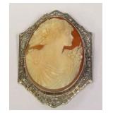14k White Gold Filigree Shell Cameo pin