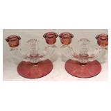 Pair of Cranberry/Clear Glass Candle Holders