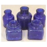 Lot of 5 Blue Glass Inkwells - asst